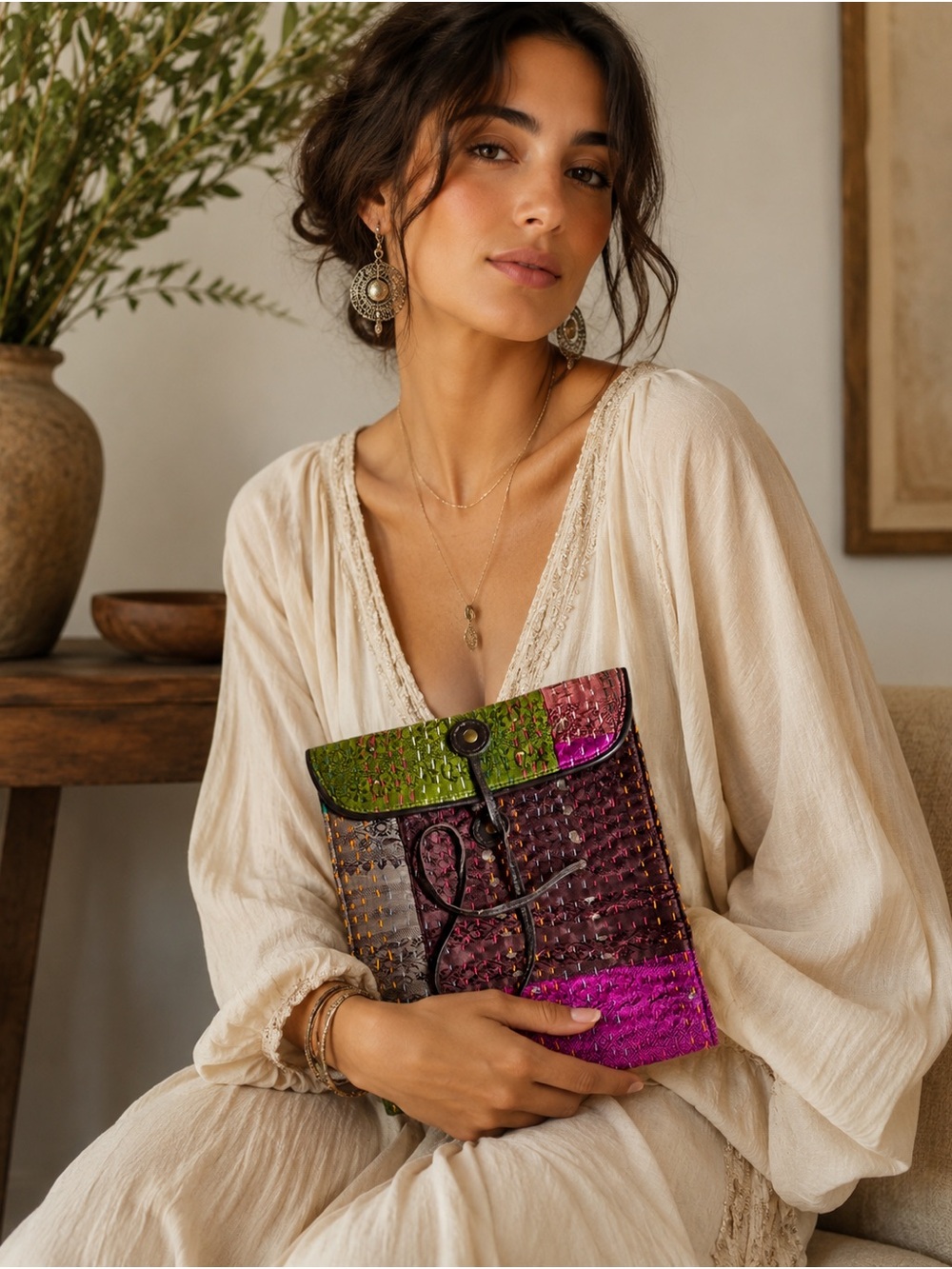 Boho Colorblock Textured Leather Clutch - Green, Purple, Pink